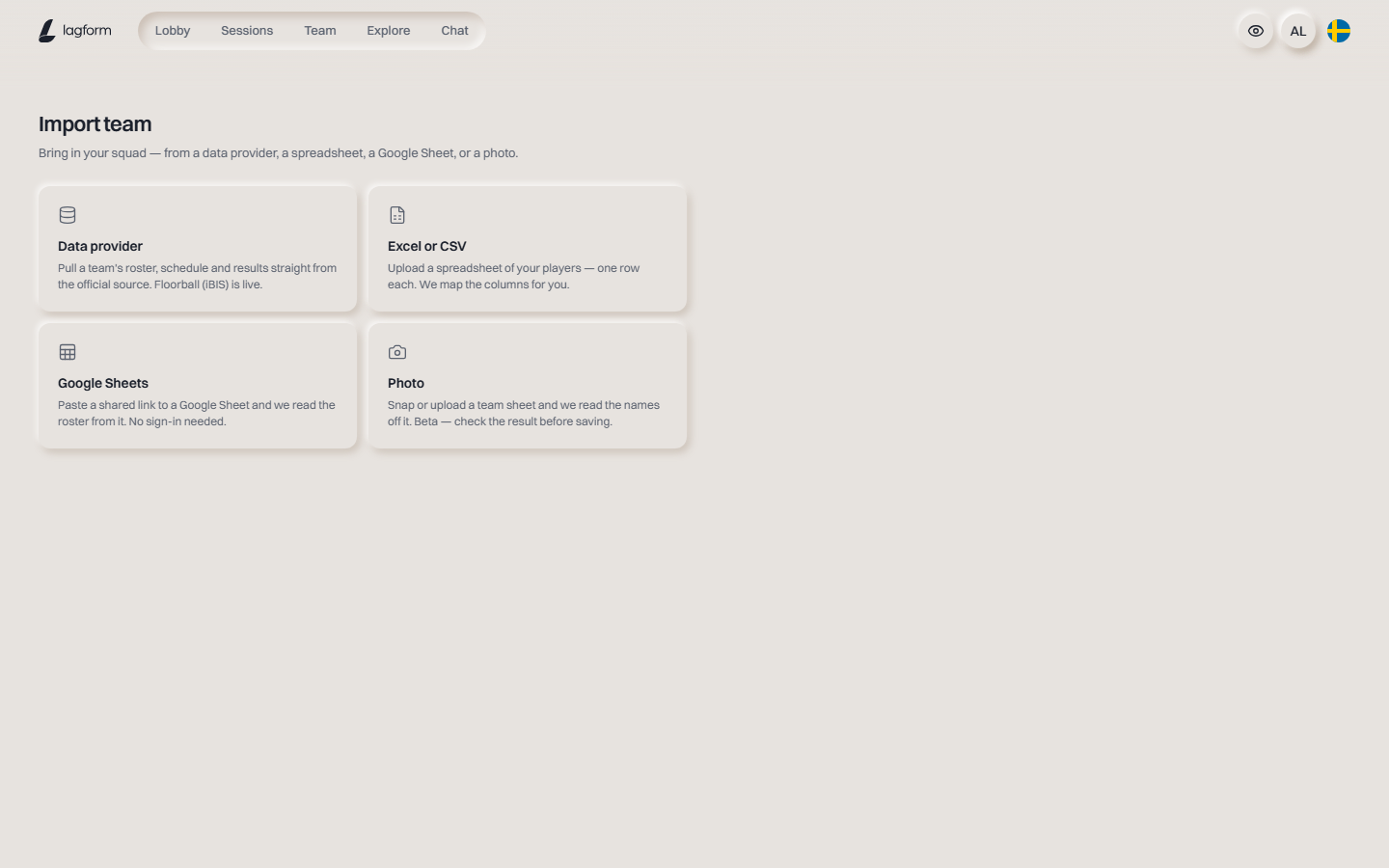 The import screen with the three ways to bring a roster in.